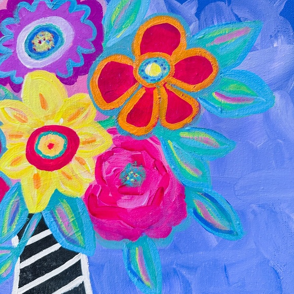 Original Folk Art Style Flower Bouquet Painting: Black Vase Multi Color 14" x14" - Picture 4 of 7